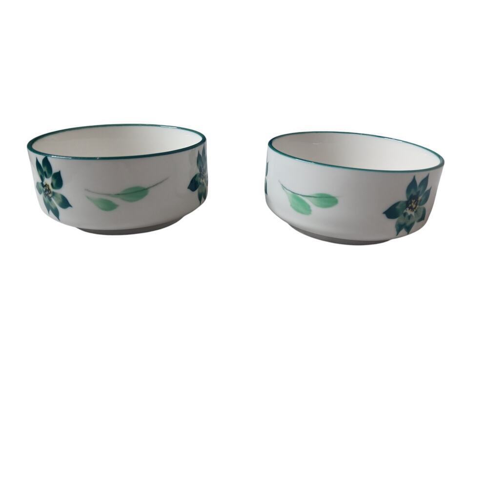 Seimanen Garden Unique Set of 2 Handpainted Asian Bowls Green Rim Beautiful